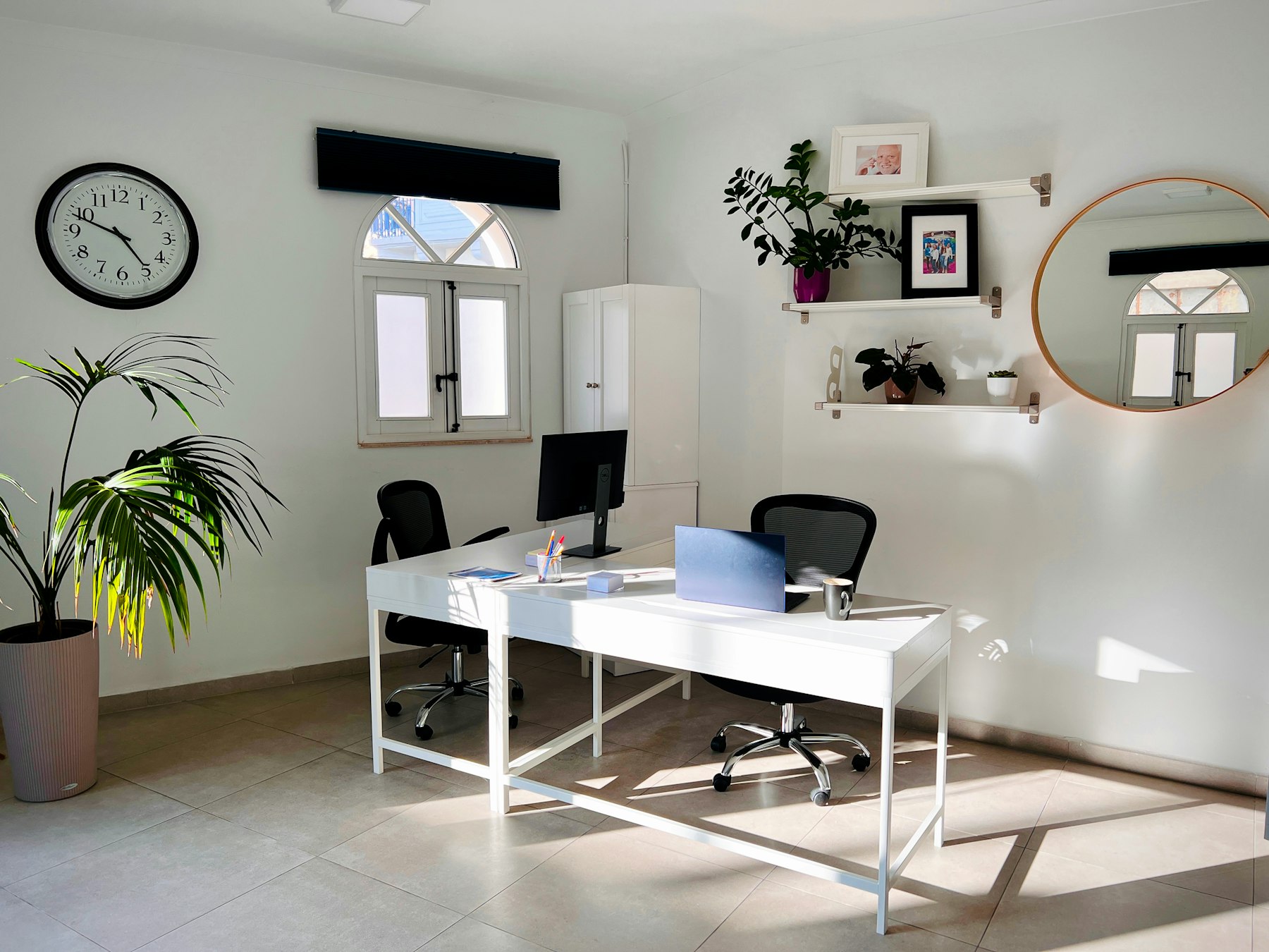 Minimal studio office with desks and plants